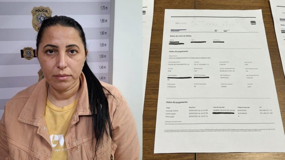 Sandra Helena de Souza e o boletos que falsificava (Foto/Divulgação: SESP)
