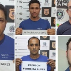 Bruno Valadares de Almeida, Arthur Laudevino Candeias Luppi, Arthur Neves de Barros e Eferson Ferreira Alves estão presos. Bruno Nunes da Silva está foragido. Foto: Sesp/Divulgação