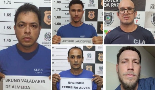 Bruno Valadares de Almeida, Arthur Laudevino Candeias Luppi, Arthur Neves de Barros e Eferson Ferreira Alves estão presos. Bruno Nunes da Silva está foragido. Foto: Sesp/Divulgação