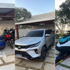 Carros de luxo, celulares e motos aprendidos em operação contra lavagem de dinheiro e rifas ilegais no Sul do ES. Foto: Sesp/Divulgação