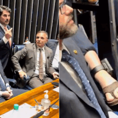 Marcos do Val mostra, no plenário do Senado, a tornozeleira eletrônica