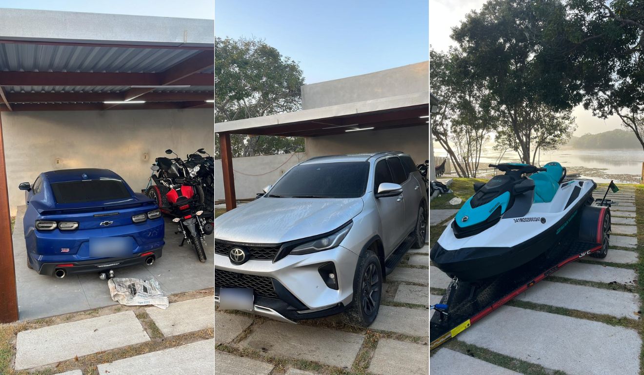 Carros de luxo, celulares e motos aprendidos em operação contra lavagem de dinheiro e rifas ilegais no Sul do ES. Foto: Sesp/Divulgação