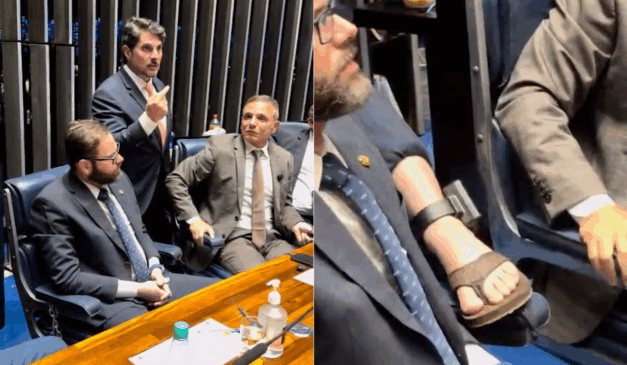 Marcos do Val mostra, no plenário do Senado, a tornozeleira eletrônica