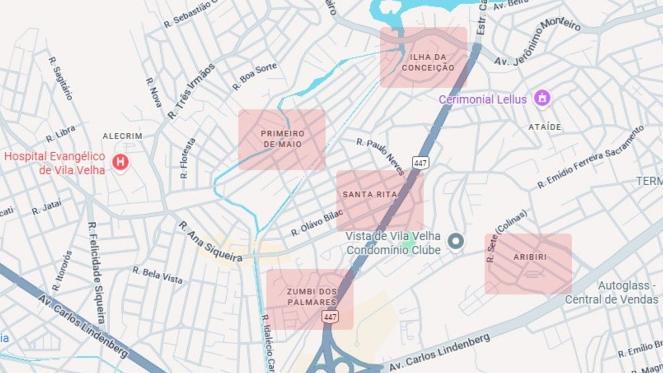 Mapa das regiões mais atingidas pela guerra do tráfico (Foto: Google Maps)