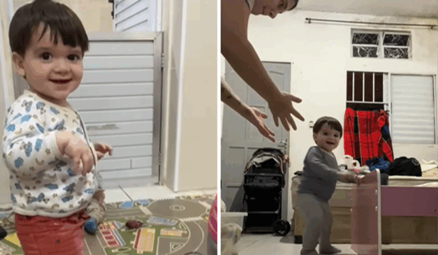 Arthur, de um ano, já andava sozinho na creche, mas fingia não caminhar em casa para receber mais atenção/Foto Reprodução