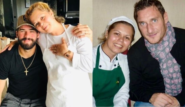 A chef capixaba Roseli Schwartz com os jogadores Alisson Becker e Francesco Totti (Foto: Divulgação)