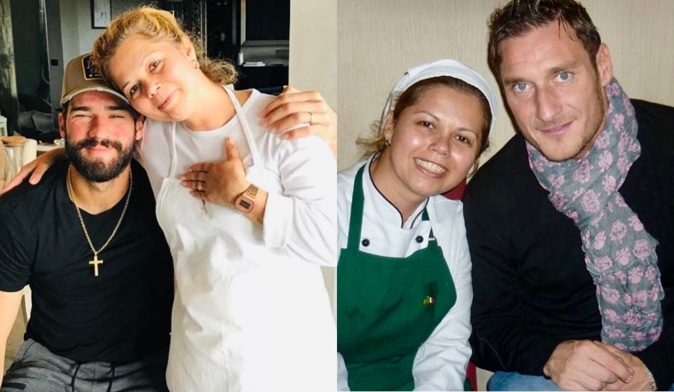 A chef capixaba Roseli Schwartz com os jogadores Alisson Becker e Francesco Totti (Foto: Divulgação) A chef capixaba Roseli Schwartz com os jogadores Alisson Becker e Francesco Totti (Foto: Divulgação)