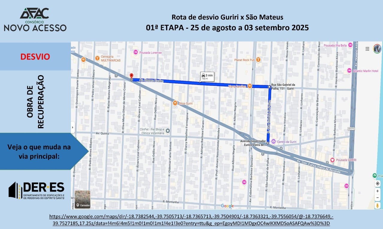 Rota alternativa durante obras em Guriri
