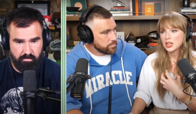 Taylor Swift foi entrevistada por Travis e Jason Kelce (Foto: Reprodução/Youtube)