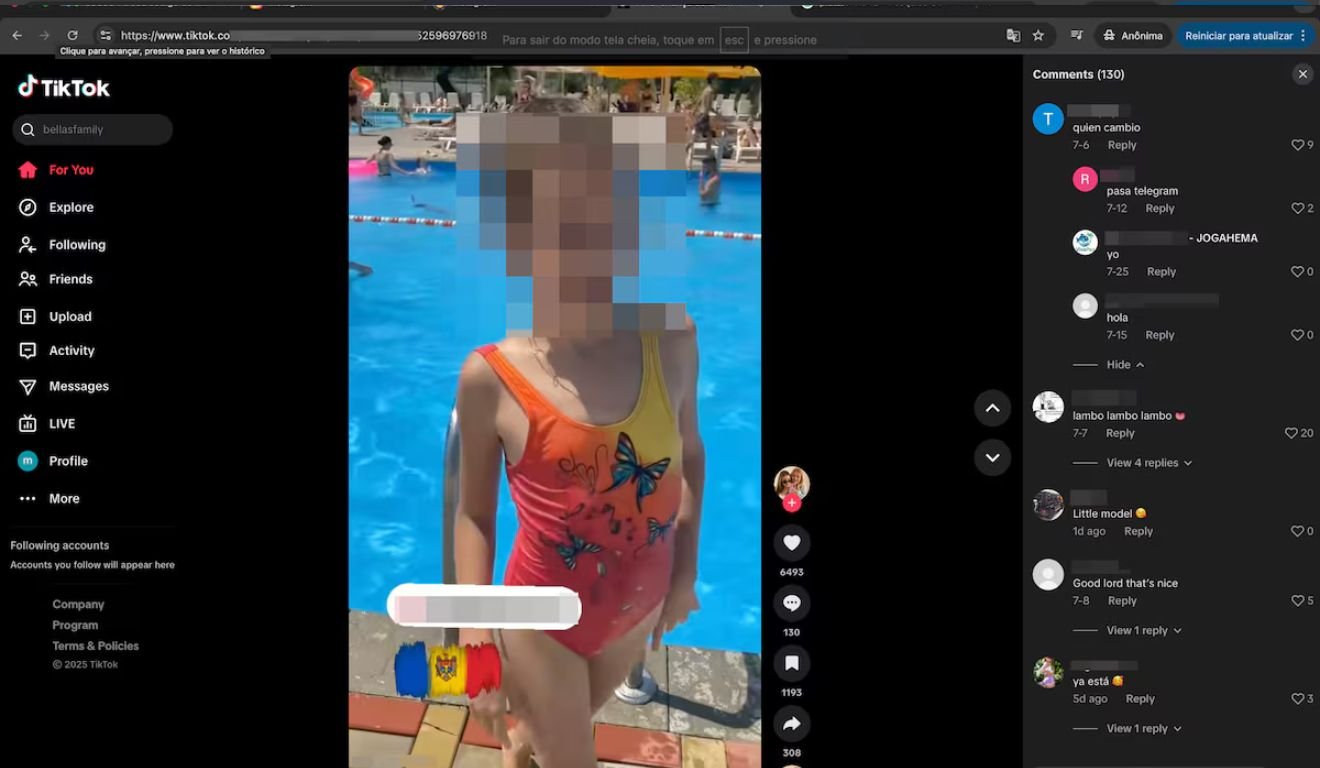 Comentários que indicam pedidos de materiais de pedofilia em vídeo de criança, além de mensagens de conotação erótica