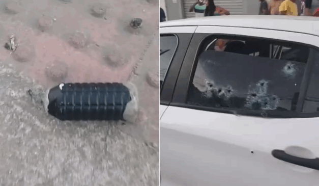 Artefato encontrado pela polícia. Na sequência, o carro alvo dos tiros. Fotos: Reprodução / Redes sociais