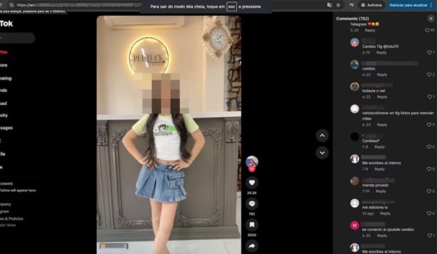 Vídeo de criança no Tik Tok tem mensagens com a palavra "cambio" no espaço de comentários, que indica pedido de troca de imagens de pedofilia