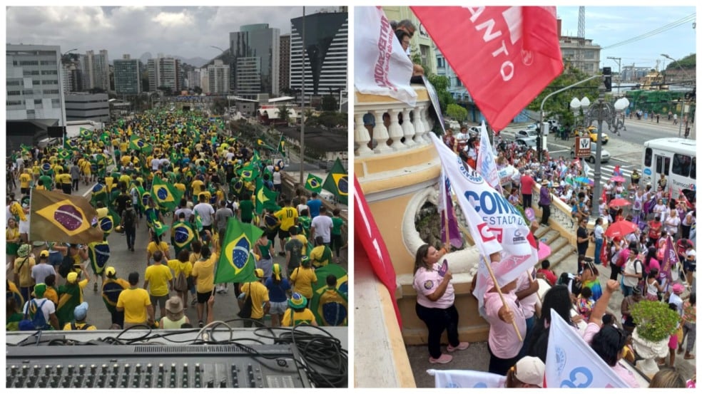 Manifestação dos bolsonaristas e Grito dos Excluídos (fotos: Direita ES e Fórum Igrejas e Sociedade em ação)