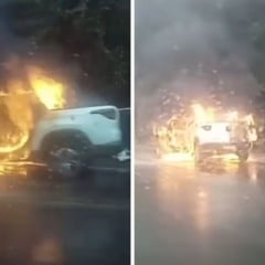 Carro pega fogo em acidente na BR-262, em Domingos Martins