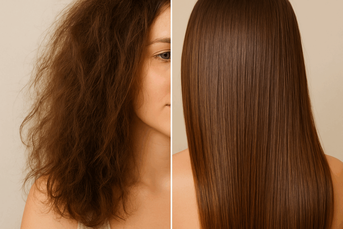 O óleo de coco hidrata profundamente, controla o frizz e ajuda a alinhar os fios de forma natural/Foto: ChatGPT