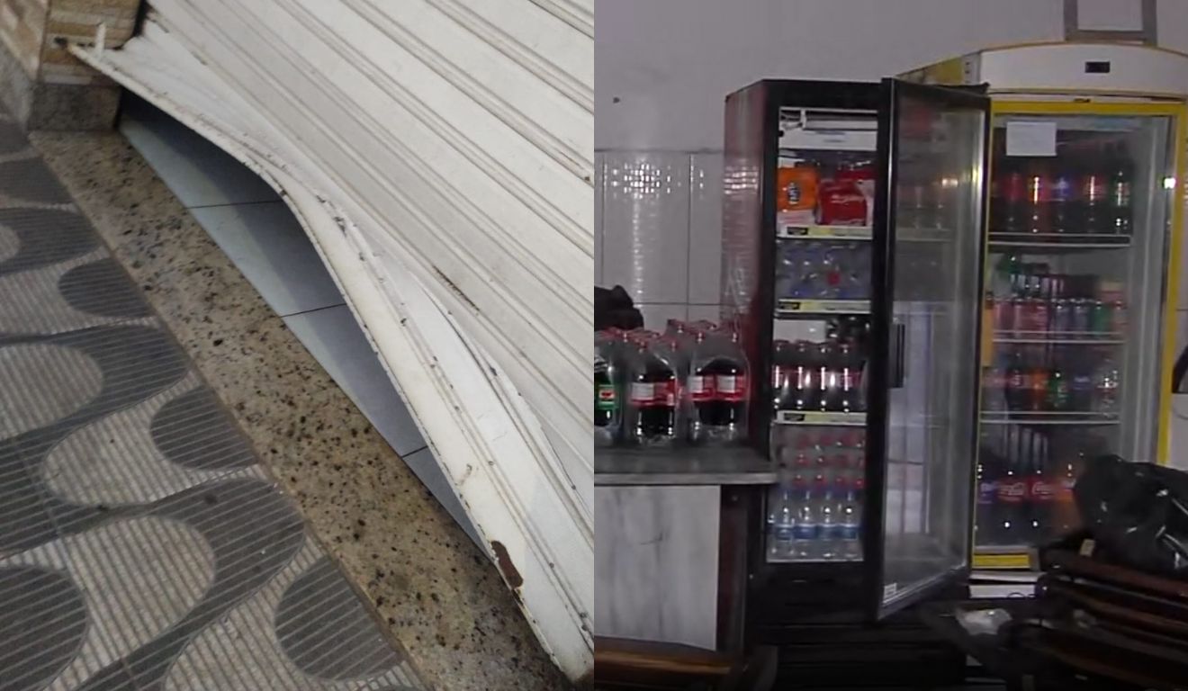 Churrascaria teve a porta arrombada e dinheiro do caixa, celular e fardos de refrigerantes roubados. Foto: Reprodução/TV Vitória