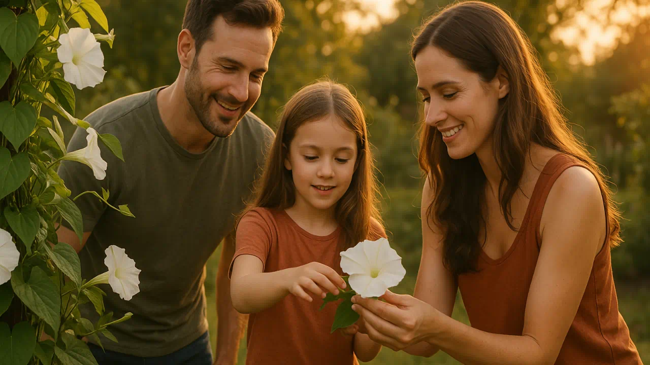 Famílias estão colhendo flores perfumadas da ipomoea alba ao entardecer com 7 segredos de cultivo revelados