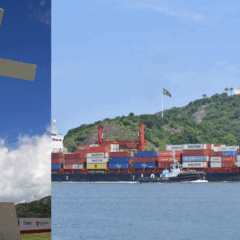 A "Cruz Reverente" é a escultura que marca a entrada da Baía de Vitória e tem 17 metros. O tamanho do aumento para navios que entram rumo aos portos. Crédito: Montagem com imagens de Divulgação e Thiago Soares