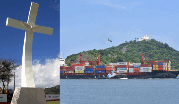 A "Cruz Reverente" é a escultura que marca a entrada da Baía de Vitória e tem 17 metros. O tamanho do aumento para navios que entram rumo aos portos. Crédito: Montagem com imagens de Divulgação e Thiago Soares