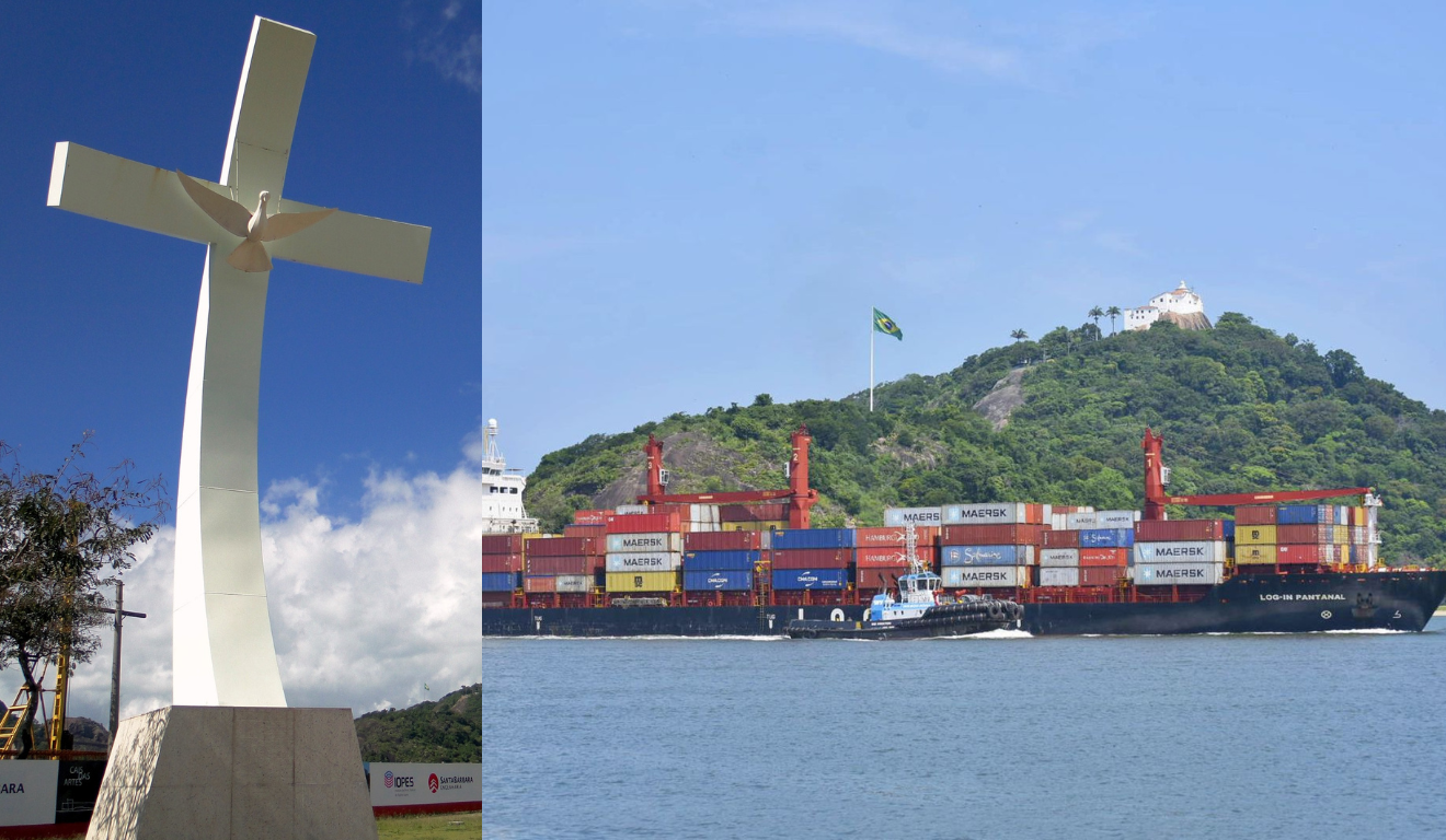 A "Cruz Reverente" é a escultura que marca a entrada da Baía de Vitória e tem 17 metros. O tamanho do aumento para navios que entram rumo aos portos. Crédito: Montagem com imagens de Divulgação e Thiago Soares