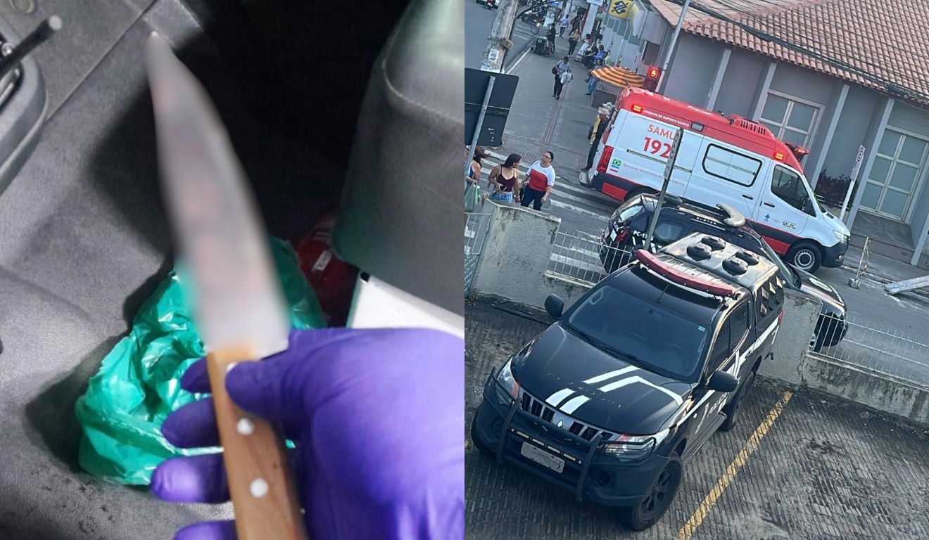 Faca foi apreendida pela polícia no local do crime. Fotos: Divulgação/Delegado Sperandio e Reprodução/TV Vitória