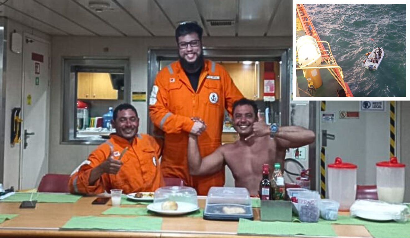 O piloto Ronald e o empresário Mikael após o resgate no rebocador