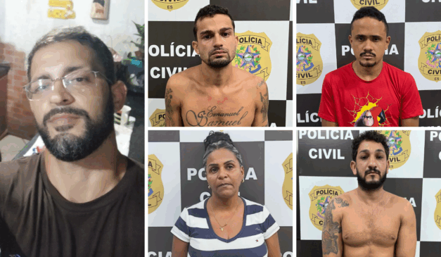 Envolvidos na morte de Thiago Louzada Charpinel Goulart: Luiz Fernando Moreira Souza, Higor Reis de Jesus, William dos Santos Pereira e Vanda de Oliveira Rosa. Fotos: Sesp/Divulgação