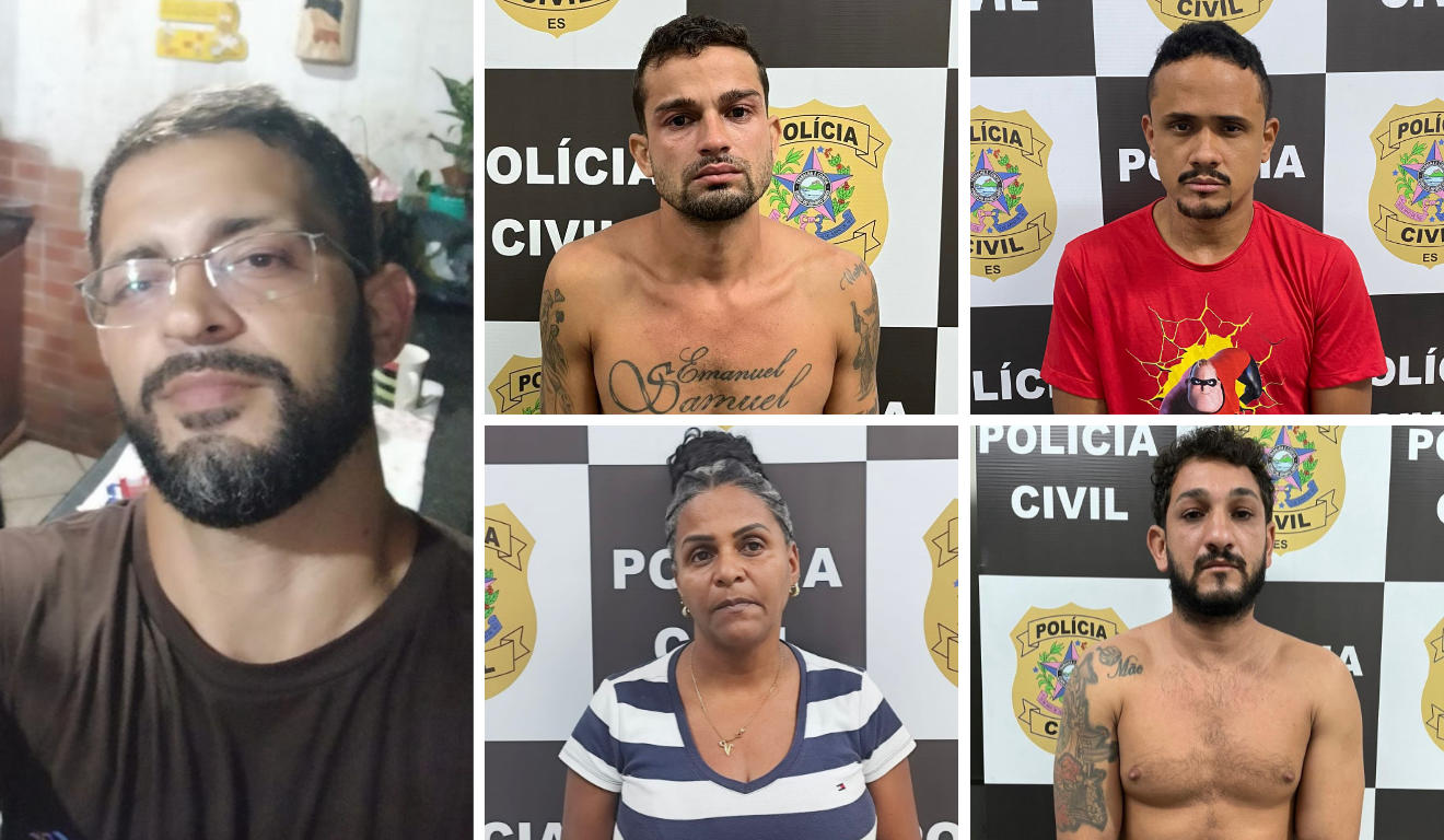 Envolvidos na morte de Thiago Louzada Charpinel Goulart: Luiz Fernando Moreira Souza, 30 anos, conhecido como Mancha – chefe do tráfico da região e mandante do crime. Igor Reis de Jesus, 30 anos – executor. William dos Santos Pereira, 29 anos – levou o executor ao local e deu fuga. Vanda de Oliveira Rosa, 54 anos – sogra e autora intelectual do crime.- Foto: Sesp