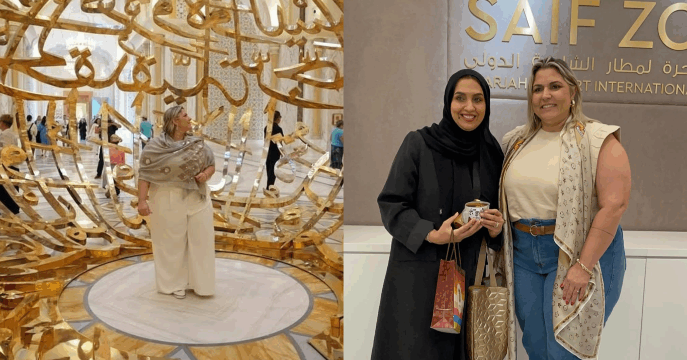 Na Safe Zone de Dubai, Cristina Pascoli com a Sheikha Shaikha Obaid Al Hajri, chefe de Relações Comerciais da Cidade dos Emirados Árabes (Foto:Divulgação/Instagram)