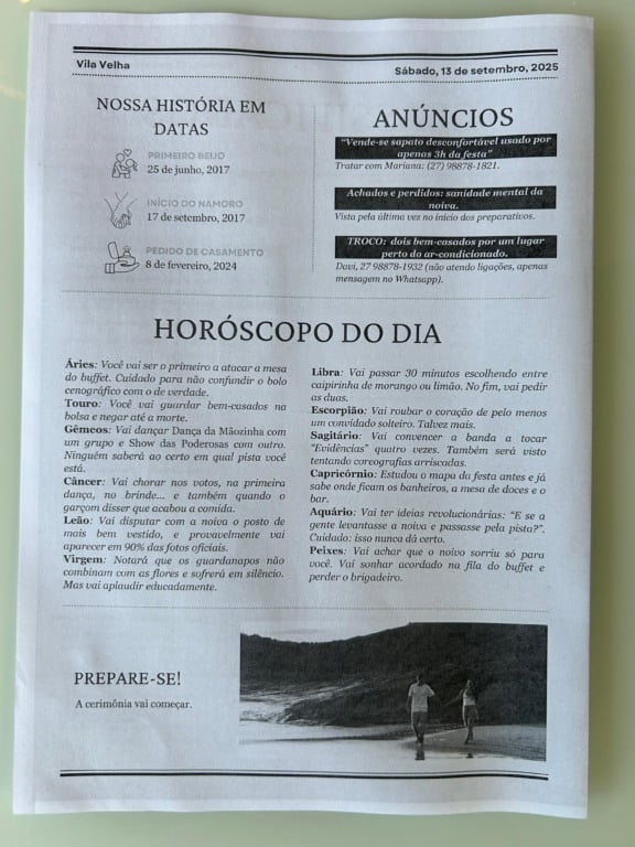 Noivos do ES criam "jornal dos solteiros" em festa e se surpreendem: "Juntamos um casal" (Foto: Arquivo pessoal/Divulgação)