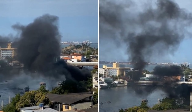 lancha pega fogo no canal de camburi
