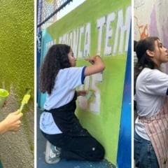 Alunos da Escola Municipal Álvaro de Castro Mattos pintam mural em escola