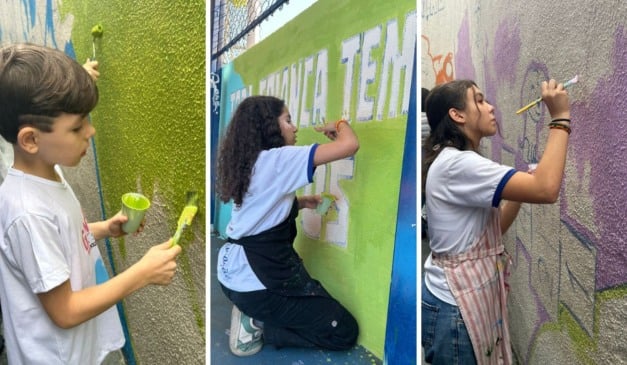 Alunos da Escola Municipal Álvaro de Castro Mattos pintam mural em escola