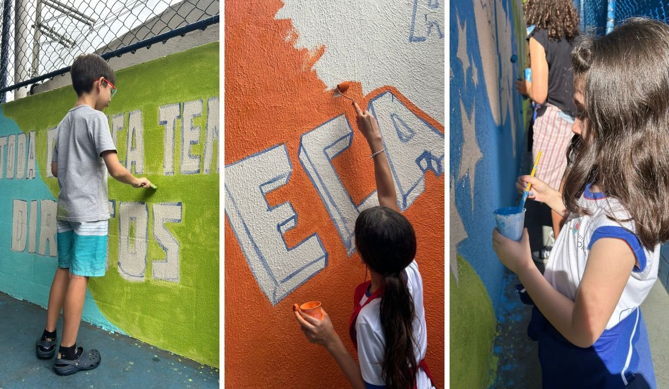Alunos da Escola Municipal Álvaro de Castro Mattos pintam mural em escola