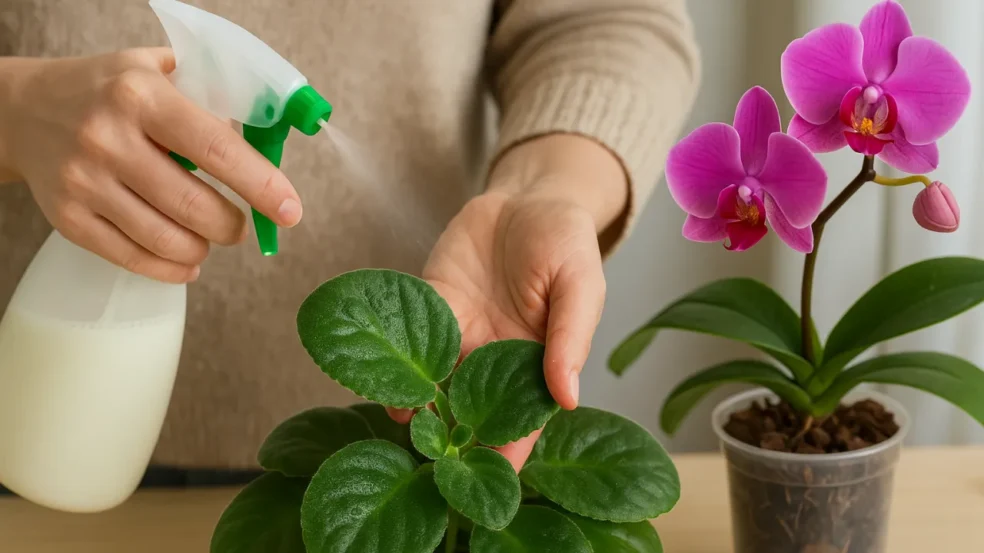 Borrifar leite nas folhas de orquídeas e violetas Borrifar leite nas folhas de orquídeas e violetas