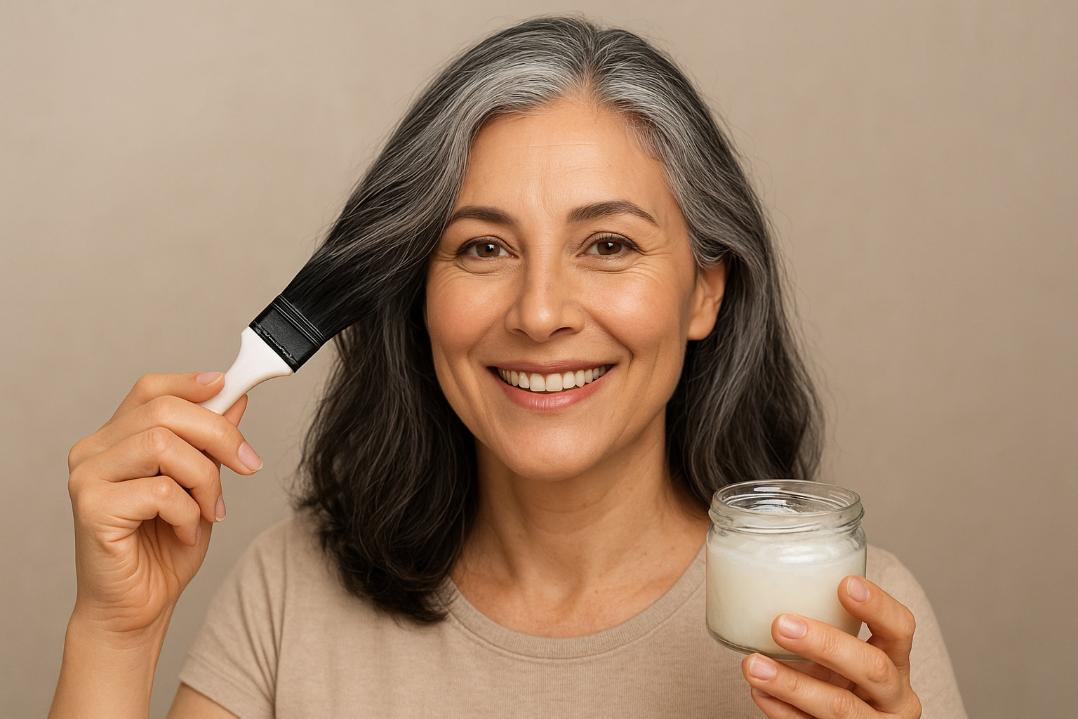 Receita natural com óleo de coco e chá preto é aposta de quem busca disfarçar os fios brancos de forma mais suave e sem química pesada/Foto: ChatGPT