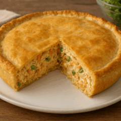 Torta de frango de liquidificador dourada e macia, ideal para servir no almoço, jantar ou lanche/ChatGPT