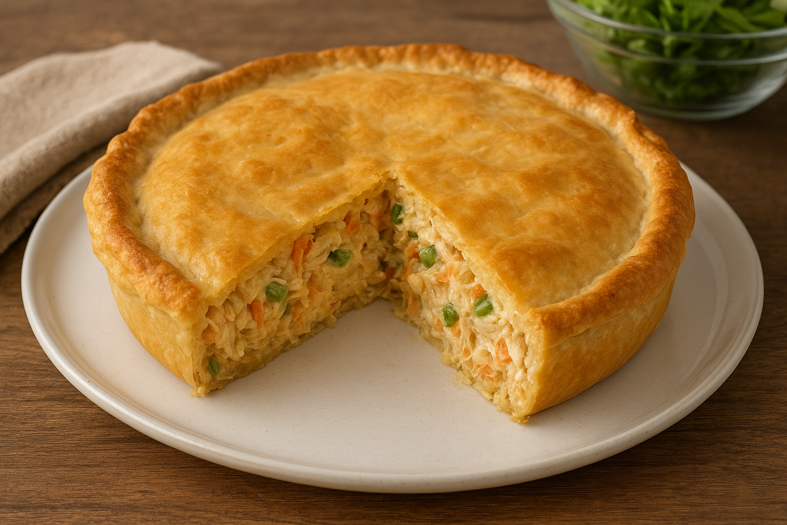 Torta de frango de liquidificador dourada e macia, ideal para servir no almoço, jantar ou lanche/ChatGPT