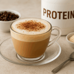 Cappuccino proteico cremoso e nutritivo, pronto para começar o dia com energia/ChatGPT