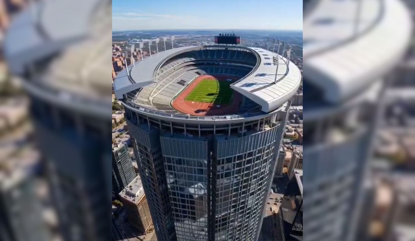 Vídeo de estádio no topo de arranha-céu foi criado por IA. Foto: Reprodução/Redes sociais