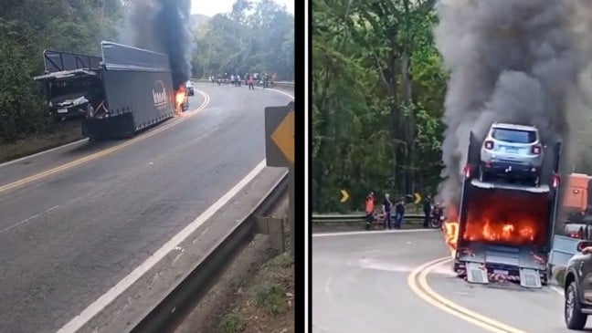 Caminhão pega fogo na BR-262 (Foto/reprodução: TV Vitória)
