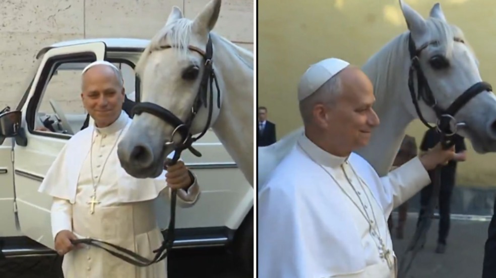 Papa Leão XIV com seu novo cavalo (Foto/reprodução: X)