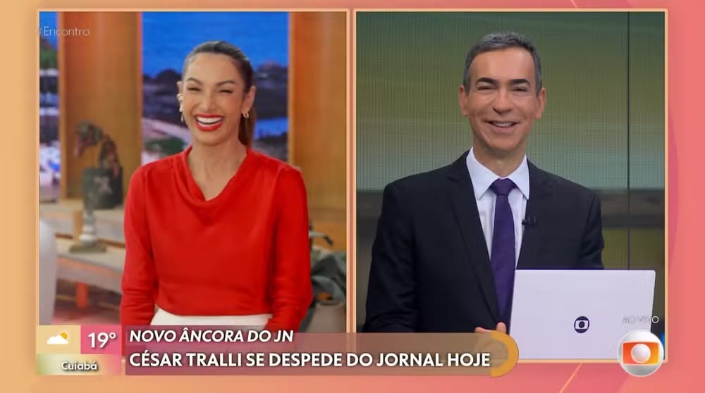 César Tralli se despede do JH e ganha presente de Patrícia Poeta — Foto: Globo