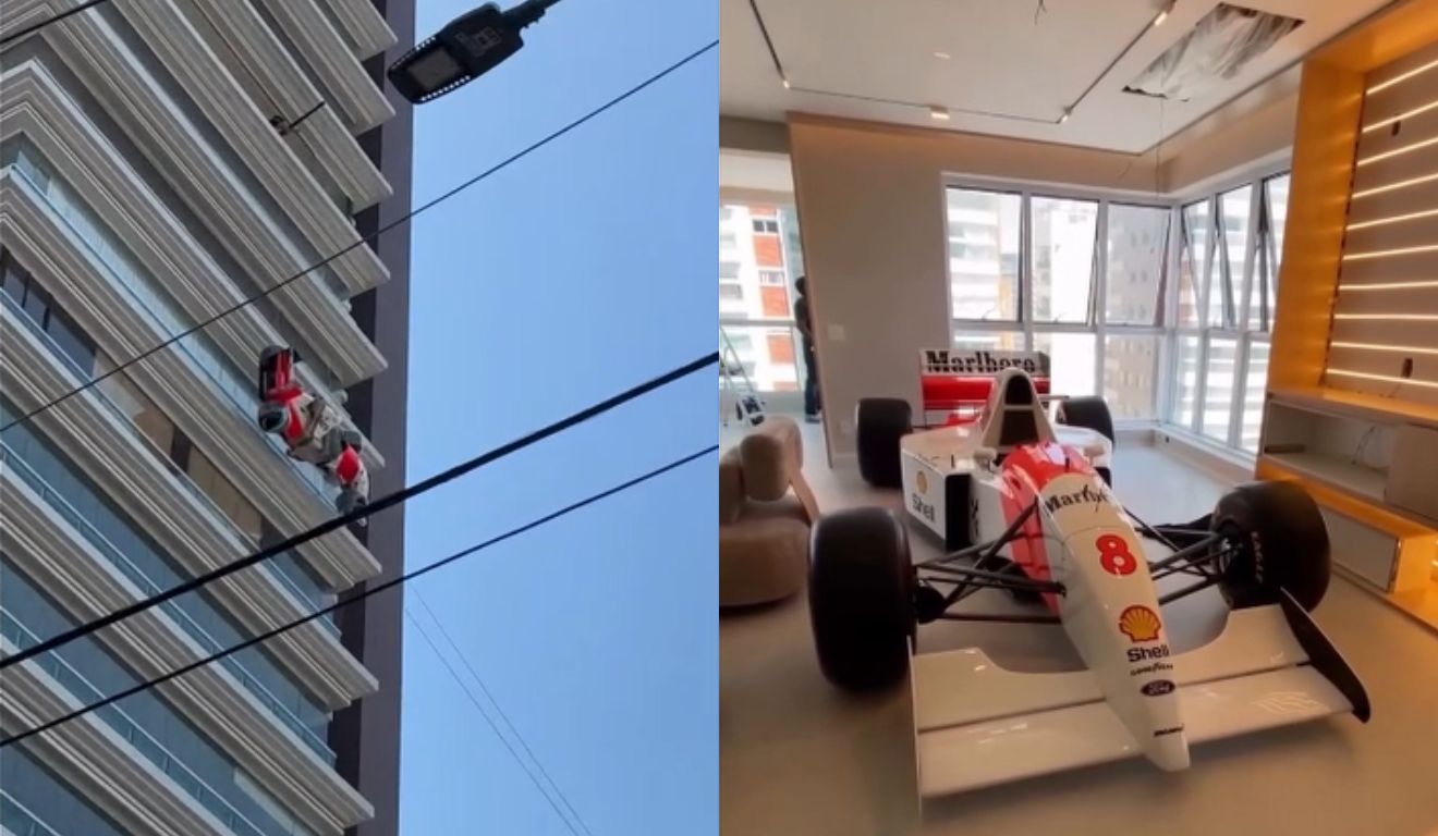 Réplica foi içada para apartamento do 13º andar e vídeo viralizou nas redes. Foto: Reprodução/Instagram @tatuapebairro