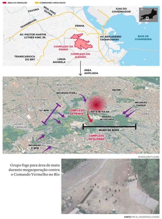 Tática chamada de ‘muro do Bope’ encurralou suspeitos, empurrando-os para o alto do morro, na região de Vacaria