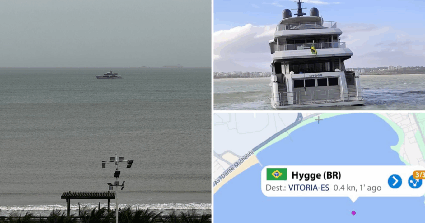 Iate de 11,5 milhões de dólares chama a atenção na baía de Vitória (Foto: Pedro Permuy/Instagram @instrutor_nautico/Marine Traffic)