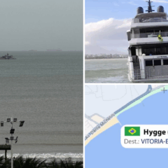 Iate de 11,5 milhões de dólares chama a atenção na baía de Vitória (Foto: Pedro Permuy/Instagram @instrutor_nautico/Marine Traffic)