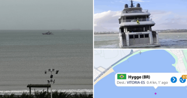 Iate de 11,5 milhões de dólares chama a atenção na baía de Vitória (Foto: Pedro Permuy/Instagram @instrutor_nautico/Marine Traffic)