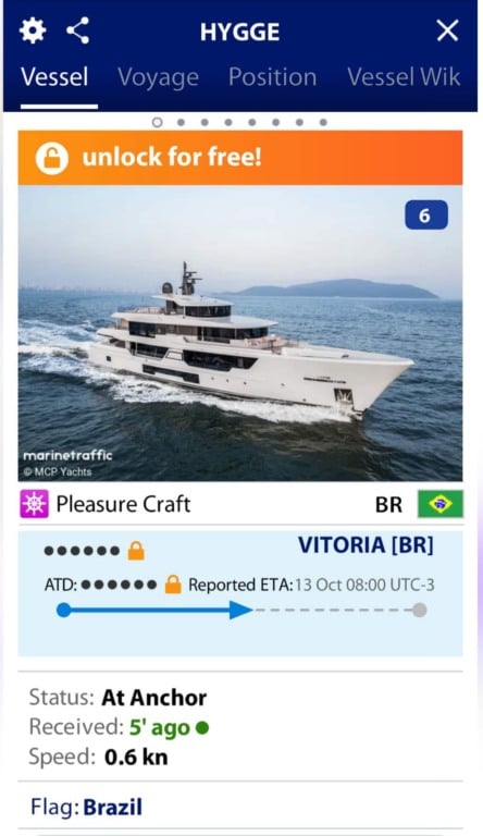 Iate de 11,5 milhões de dólares chama a atenção na baía de Vitória (Foto: Marine Traffic)