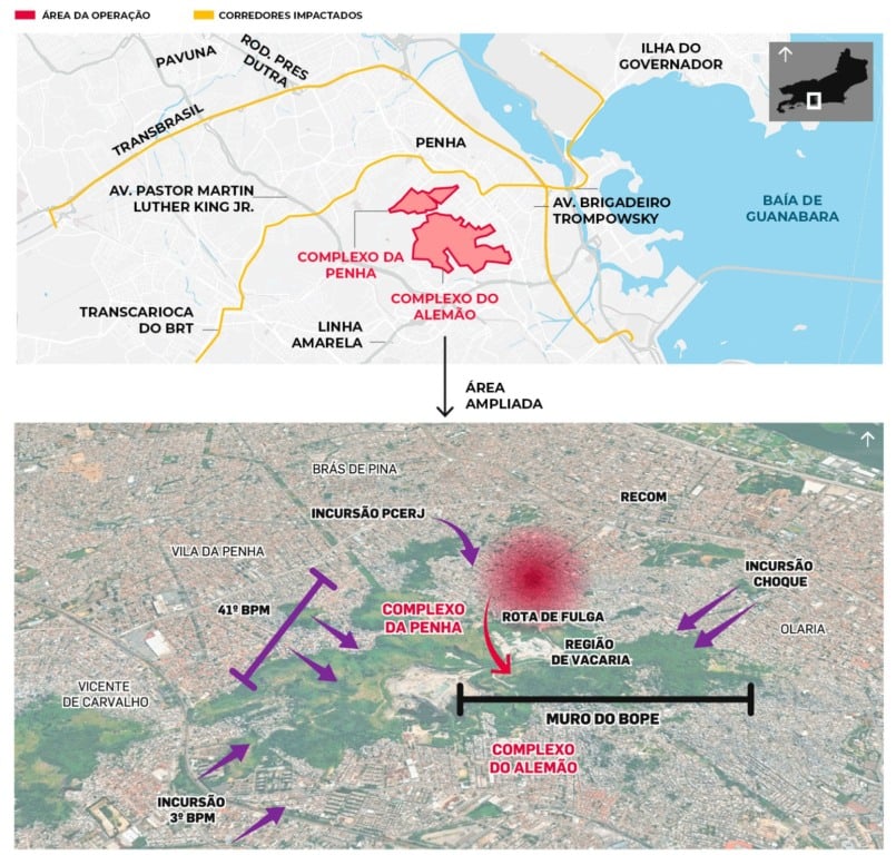 Mapa mostra Tática chamada de "muro do Bope" encurralou suspeitos, empurrando-os para o alto do morro, na região de Vacaria